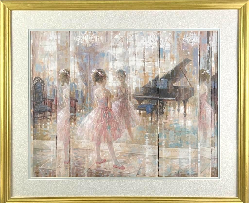 Ballerina Framed Art Print: Ballerina Framed Art Print This is a beautiful print professionally framed. The print features a ballerina in class. The painting is a candidate with the ballerina looking at herself in the mirror.