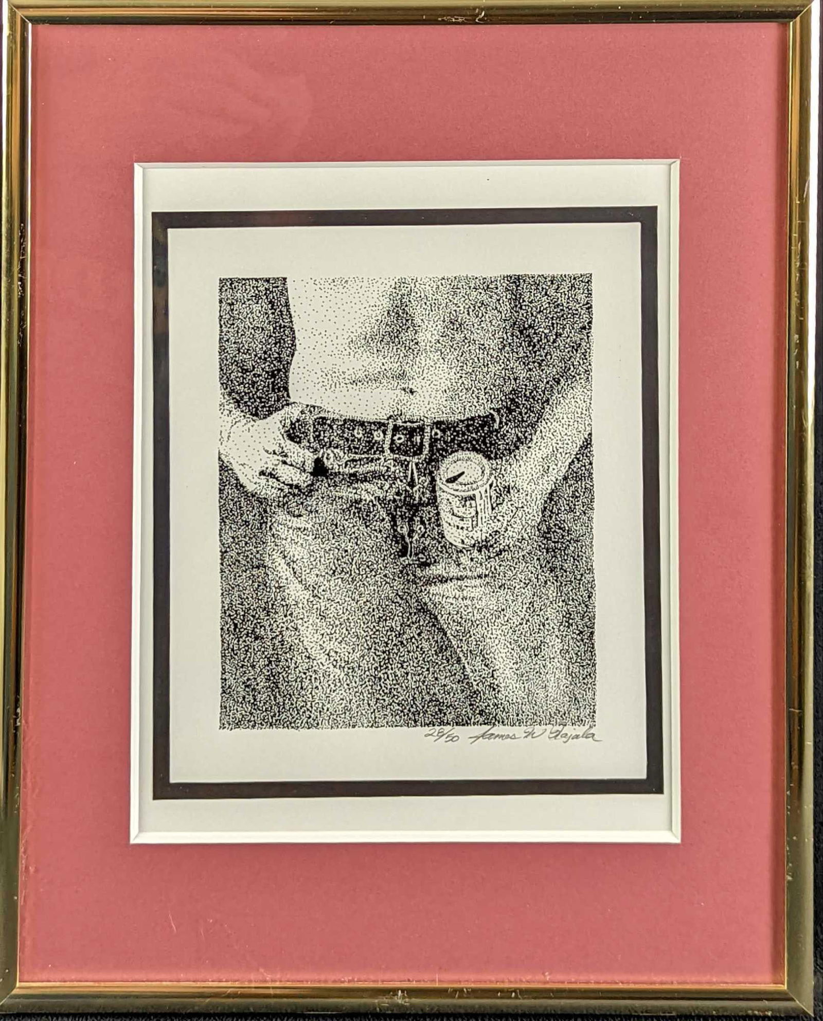 Framed Signed & Numbered Man With Can Print: Here is a signed and numbered print of a man with a can. The print is signed and numbered by the artist on the bottom right of the border. The print is #28 out of #50. We were unable to make out the n