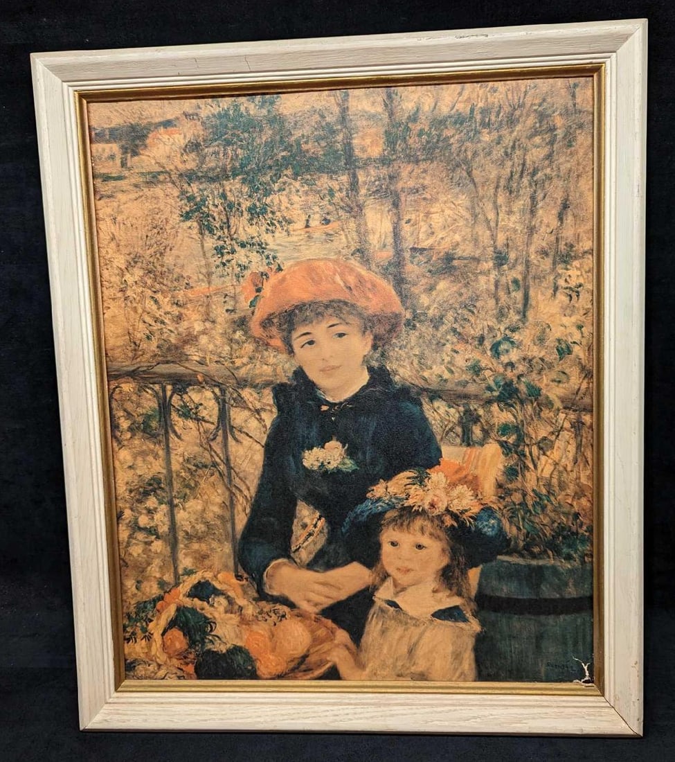 Vintage Renoir Two Sisters On The Balcony Print: Vintage Renoir Two Sisters On The Balcony Print. The print on the board has some texture to simulate paint strokes. Please note, the signature on the bottom right is part of the print and not signed