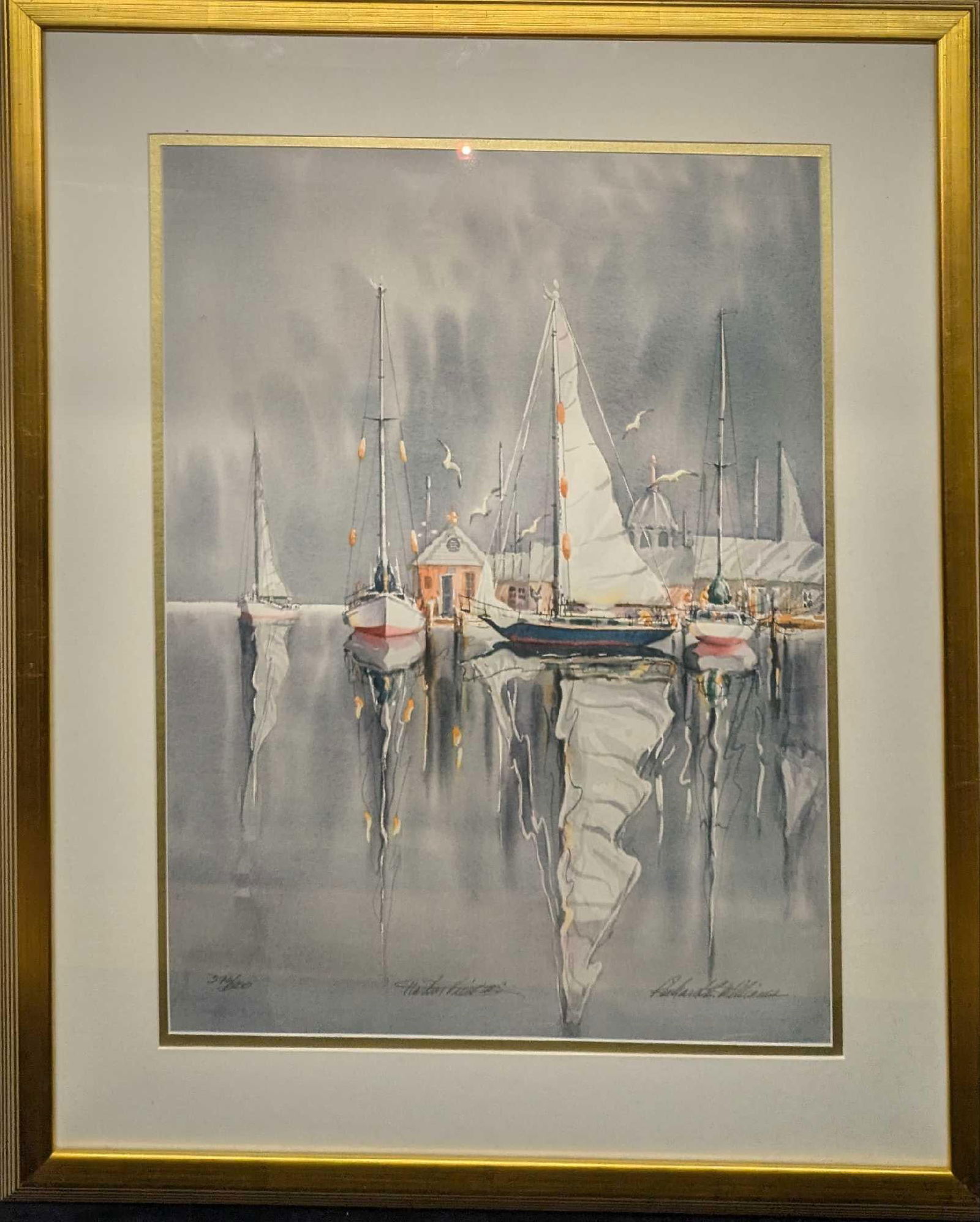 Framed Richard E. Williams Harbor View II Print R69: Framed Richard E. Williams Harbor View II Print R69. This one is approx 26 1/2" x 1" x 32 1/2" and it weighs 10lbs. The print was signed, named and numbered by the artist near the bottom edge of the