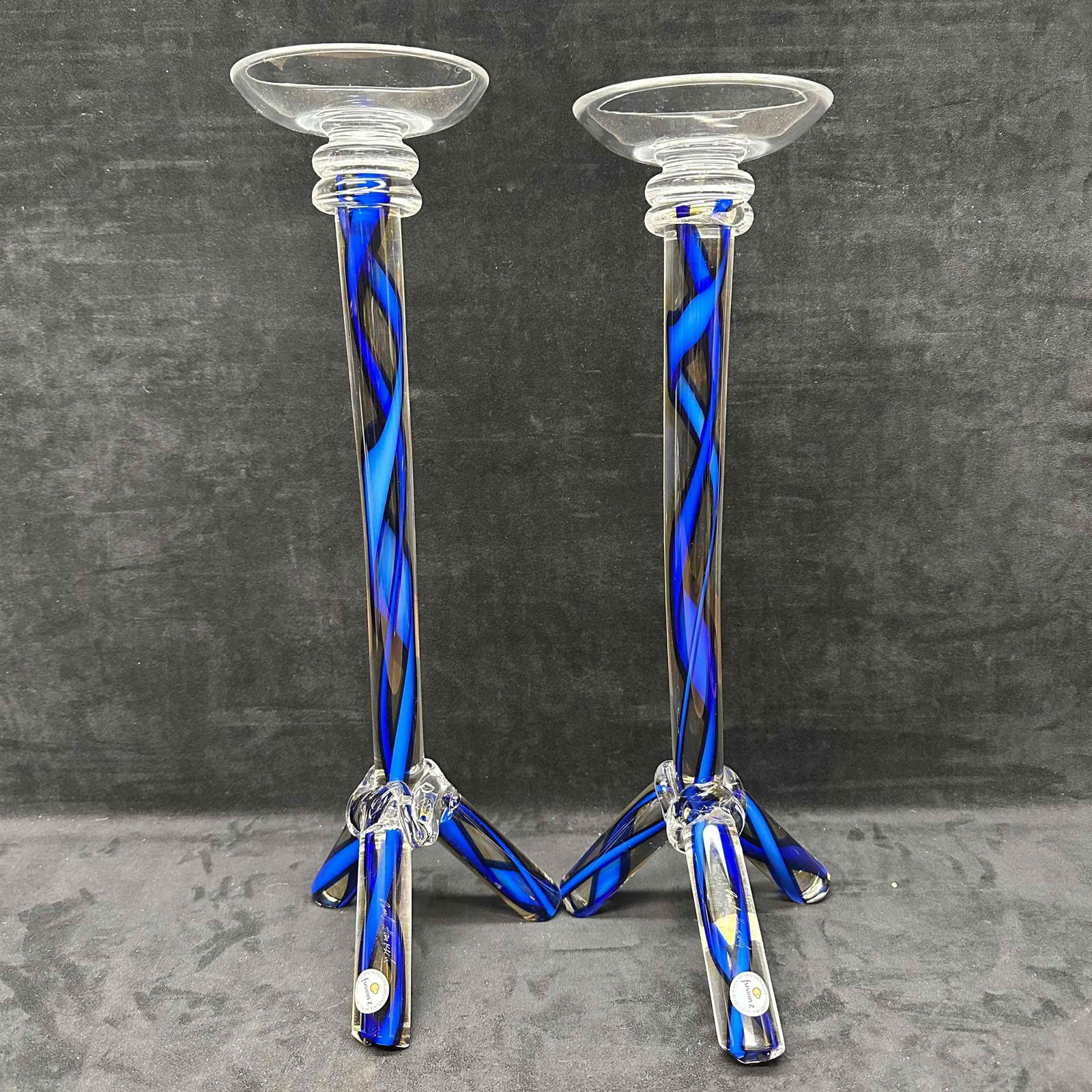 Fusion Z Pavel Hanousek Signed Czech Art Glass Large Figural Candlestick Set Blue Swirl: Hand made in the Czech Republic Fusion Z glass art blue swirl candlestick holder set. Etched on each piece is an artist signature of Pavel Hanousek. The candlestick holders represent a tripod style