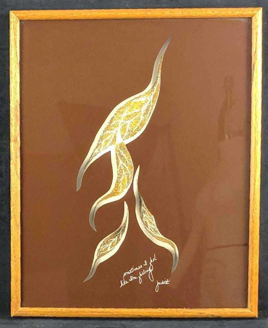 Vintage Framed Lucid Lines Sometimes I Am Falling: Here is a rather rare framed "Sometimes I Feel Like I'm Falling" art by 1970's Mail Order Art Company, Lucid Lines. This has a cutout of falling leaves with an image of crumbling rocks inside. This