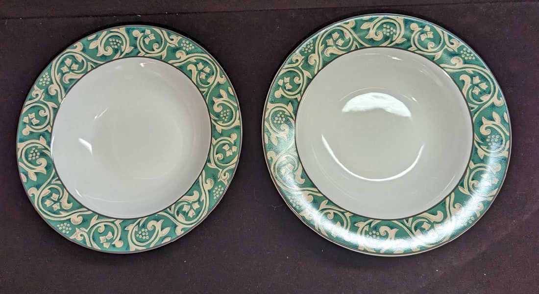 2 Retired Sango Pavilion China Large Rim Soup Bowls A: 2 Retired Sango Pavilion China Large Rim Soup Bowls A. Each is approx 9 1/4" x 9 1/4" x 2" and the total weight is 2.46 lbs. This series was released from the year 1995 to the year 1998. The bowls