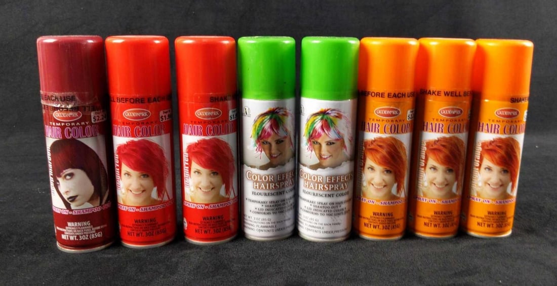 8 Goodmark Seasonal Visions Hairspray Temp Color B: This lot includes: (2) Green Color Effects Fluorescent Hair Spray. 3oz. By Seasonal Visions. (2) Red. Goodmark. Spray-On Shampoo Off Temporary Color. 3oz. (3) Orange. Goodmark. Spray-On Shampoo