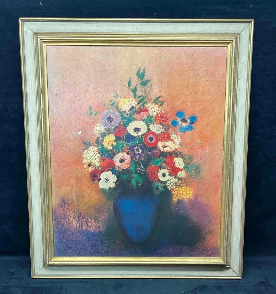 Framed Print On Wood Board Of Odilon Redon's Anemones and Lilac in a Blue Vase: This lot contains a Framed Print On Wood Board Of Odilon Redon's (April 20, 1840 - July 6, 1916) Anemones and Lilac in a Blue Vase. The original artwork is located at the Musee du Petit Palais,