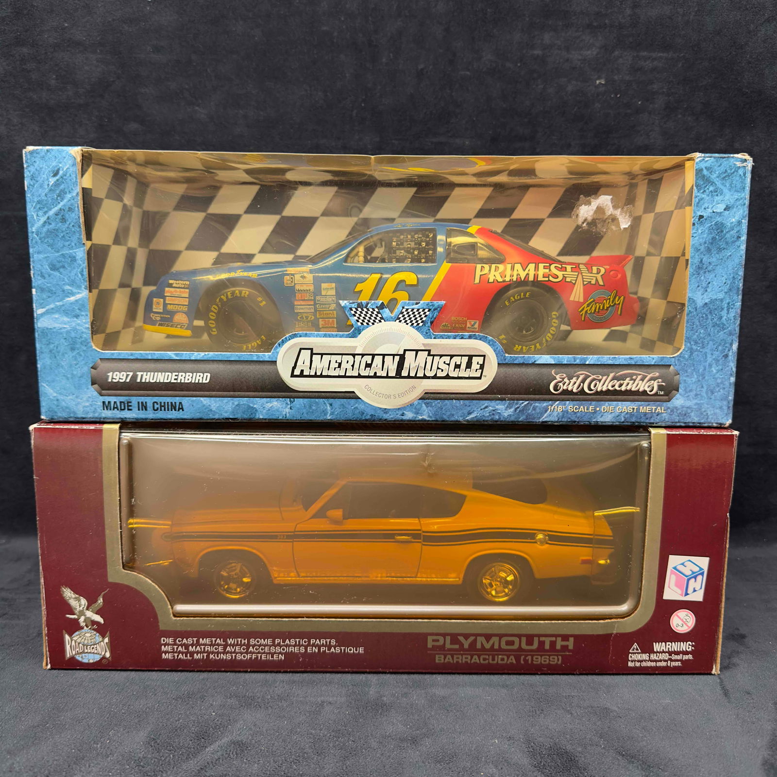 1:18 Scale American Muscle Thunderbird Road Legends Plymouth Barracuda Die Cast Set: 1:18 Scale American Muscle Thunderbird Road Legends Plymouth Barracuda Die Cast Set. Sealed new American Muscle 1997 Thunderbird and Road Legends 1969 Barracuda collectible 1:18 scale die cast metal