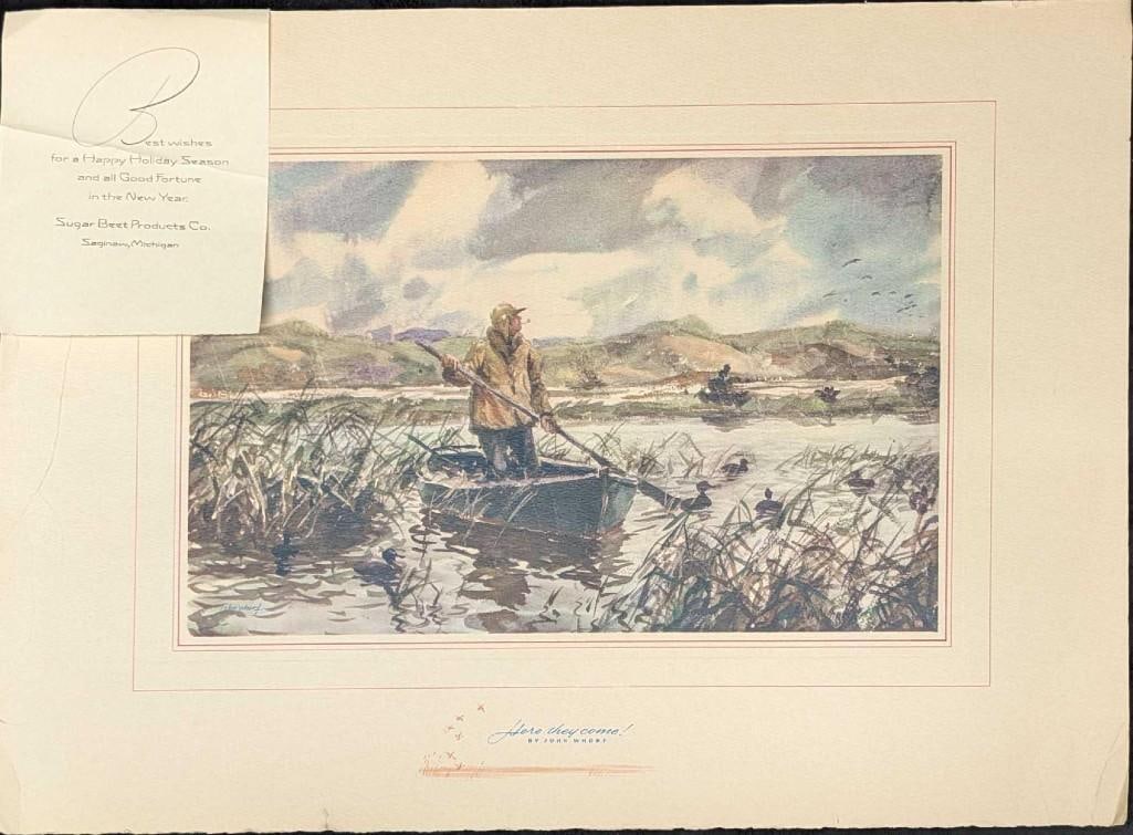 John Whorf Watercolor Print Here They Come Ducks: John Whorf Watercolor Print Here They Come Ducks. John Whorf Watercolor Print; A print of an original work by John Whorf titled "Here They Come". This "Talio-Crome" print reproduction is in good,