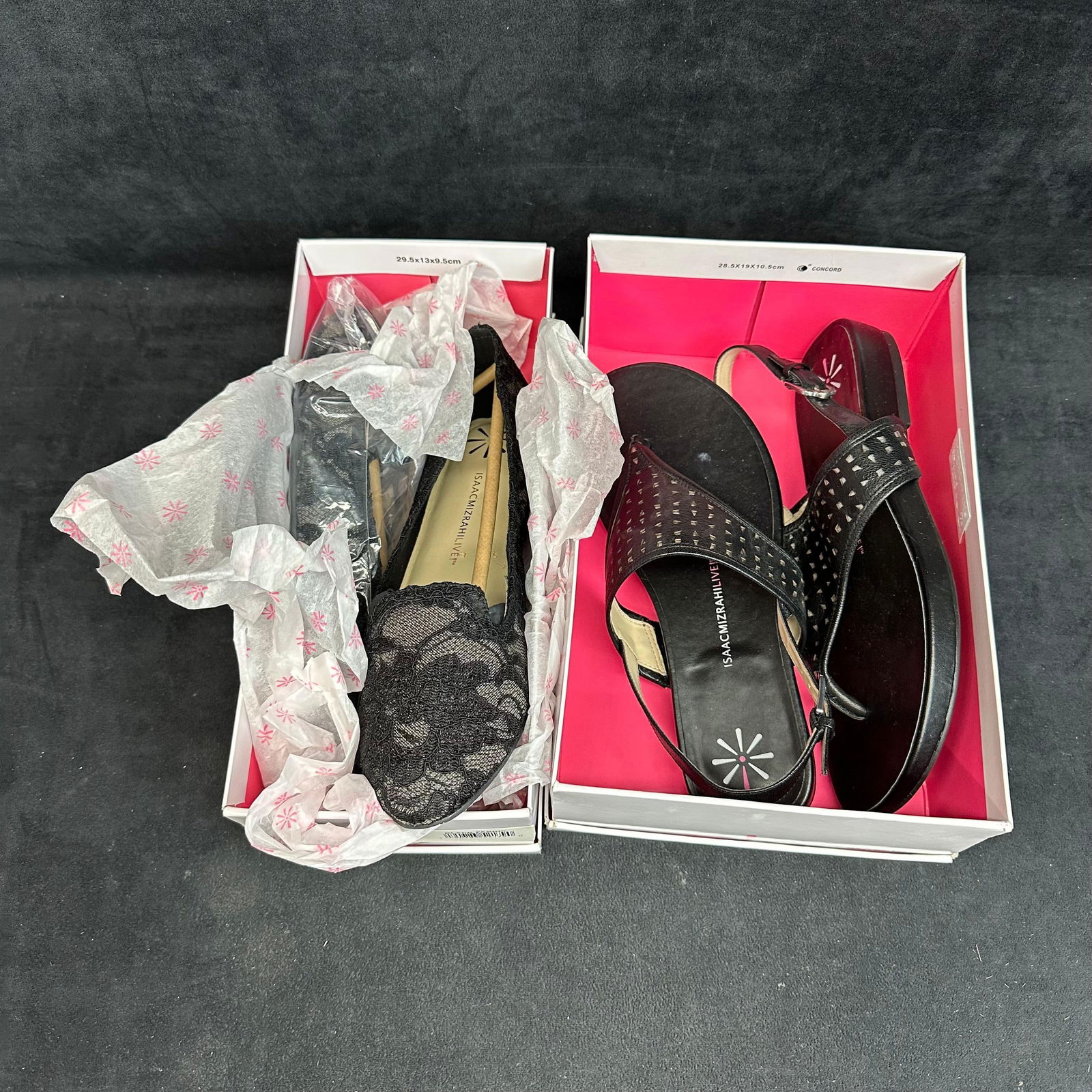 Women’s Shoe Lot 2 Pairs Lacey Black Lace Flats and Taken Black Leather Sandals: Women’s shoe lot featuring two versatile black pairs, perfect for both casual and dressy looks. Isaac Mizrahi Lacey Flats – Elegant pointed-toe flats with a beautiful black floral lace
