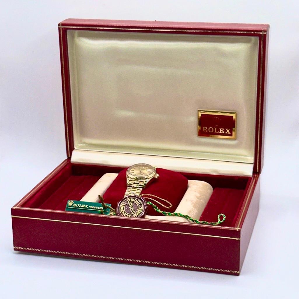 1990 Rolex 18k Gold Datejust President Bracelet: 1988 Ref.# 69178 18K Gold Rolex Lady-Datejust with President Bracelet Model: Rolex Submariner Reference Number: 69178 Size : 26 mm Year: 1990 Serial Number: R69178820B8570 Chronometer Number: E193230