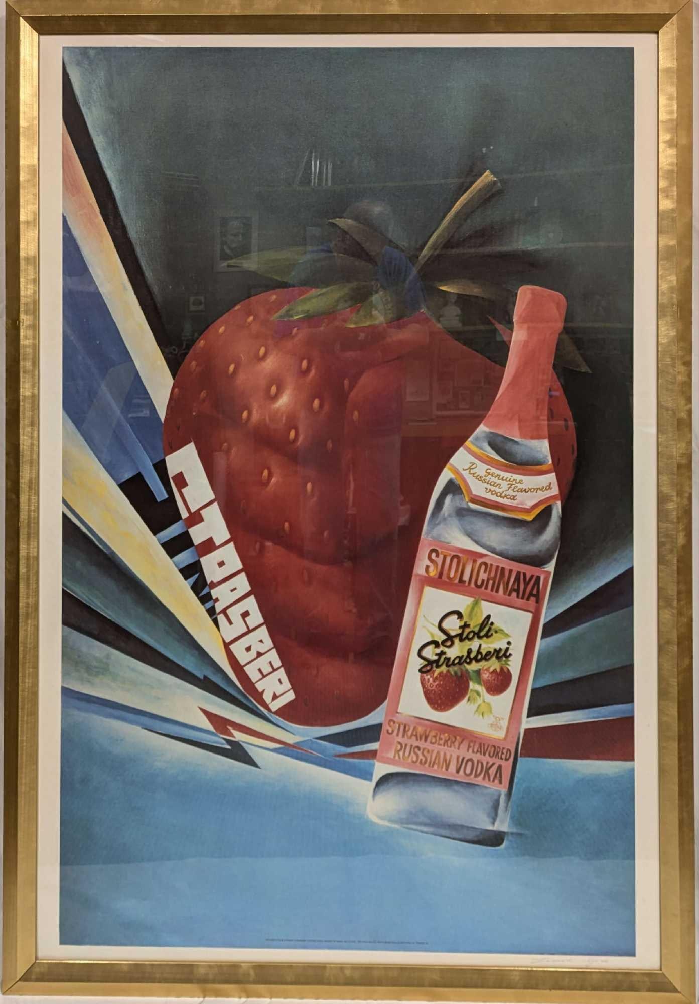 Large Signed Stolichnaya Strawberry Vodka Advertisement Print: Large Signed Stolichnaya Strawberry Vodka Advertisement Print. This is approx 43" x 1 1/2" x 62" and it weighs 18.50lbs. This was signed by the artist, Leonid Gore on the bottom right of