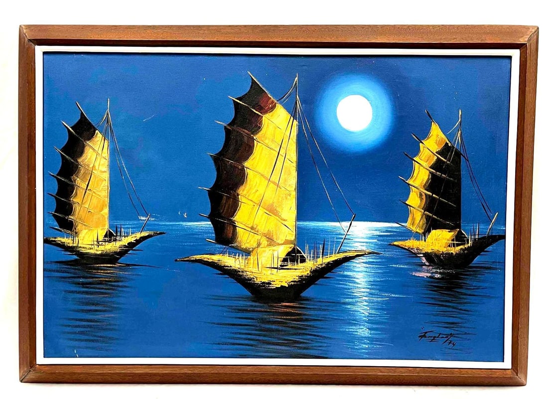 Original Acrylic On Canvas Depicting Junk Boats In Moonlight Signed Feng Lao 74': This lot contains a Original Acrylic On Canvas Depicting Junk Boats In Moonlight Signed Feng Lao 74'. The frame is approx 28 1/4" x 40 1/2" while the canvas is approx 24" x 36". Total weight is
