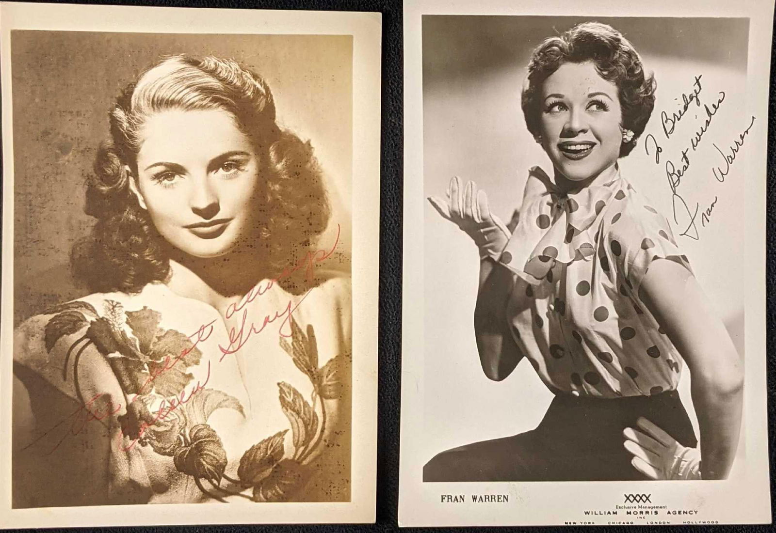 Autographed Fran Warren & Coleen Gray Photos: This lot includes: (1) Autographed Fran Warren Photo. American Singer, Famous for "A Sunday Kind of Love". Is approx 5" x 7".(1) Autographed Coleen Gray Photo. American Actress. She