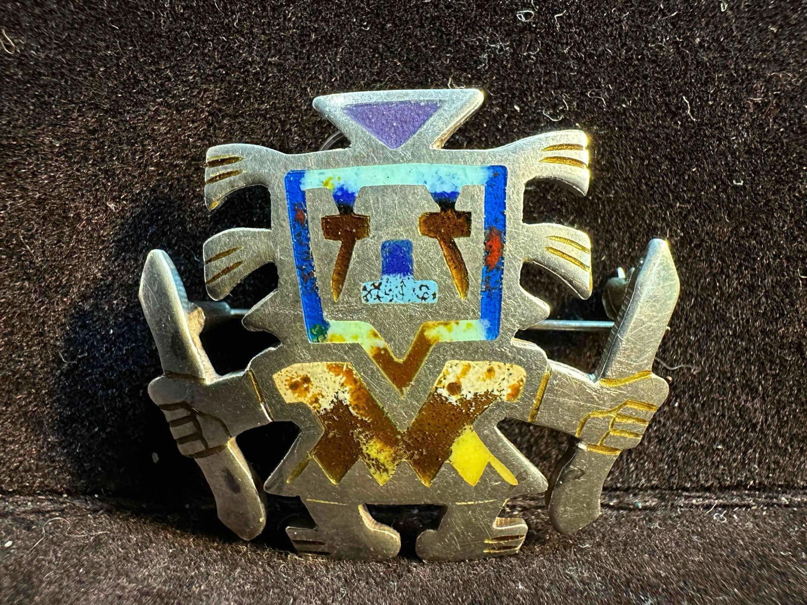 Inlay Accents Sterling Silver Peru 925 God Shaman Brooch Pendant: This item is in good pre-owned, previously used/displayed condition with noticeable light wear, and surface scratches. Please reference all photos for full details. This piece of jewelry has been