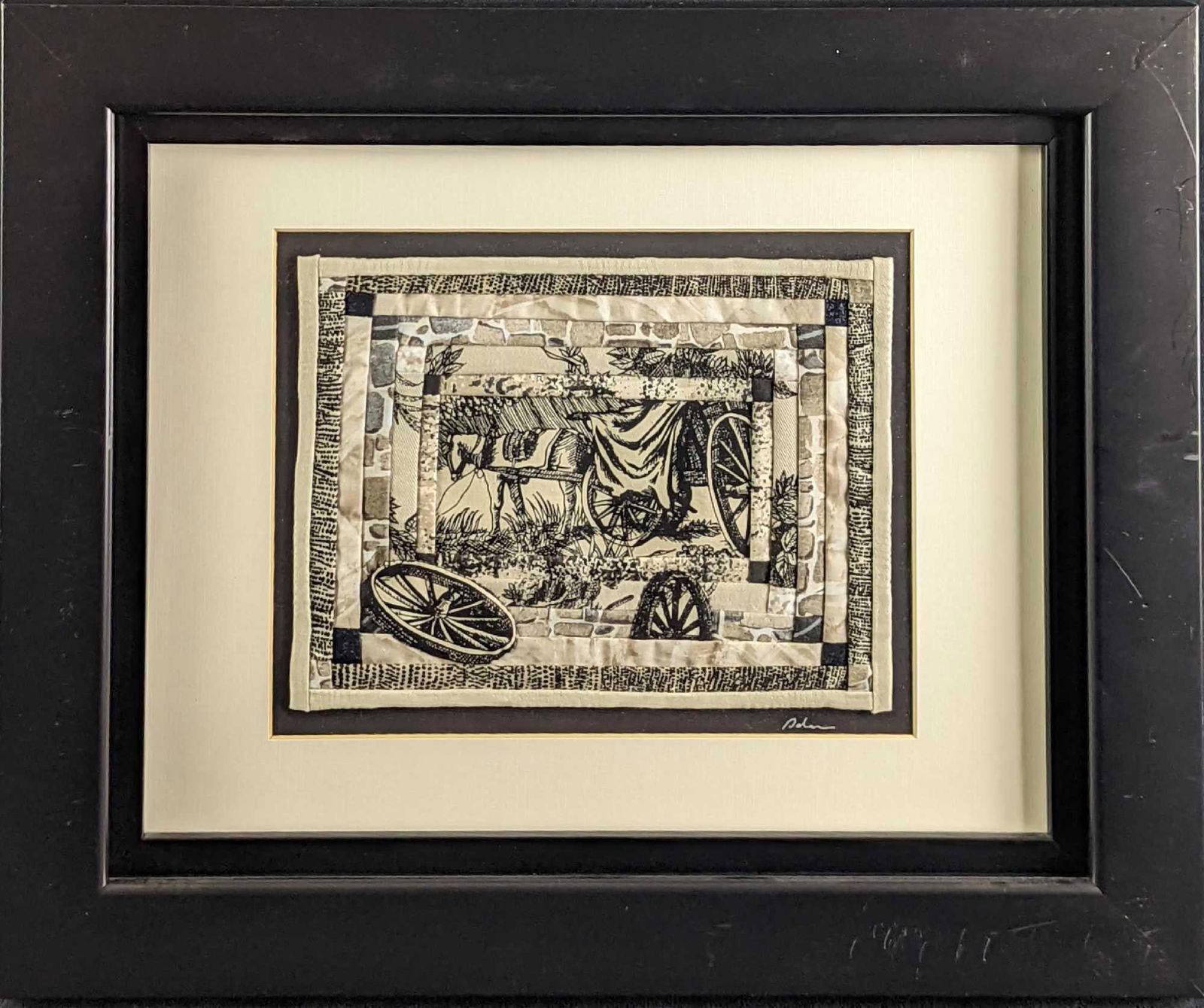 JB Framed Vintage Cloth Collage: Here is a collage made up of different vintage handkerchiefs, blankets, and others to make an original work of art. It is signed by the original artist on the bottom right of the cloths. Framed it's