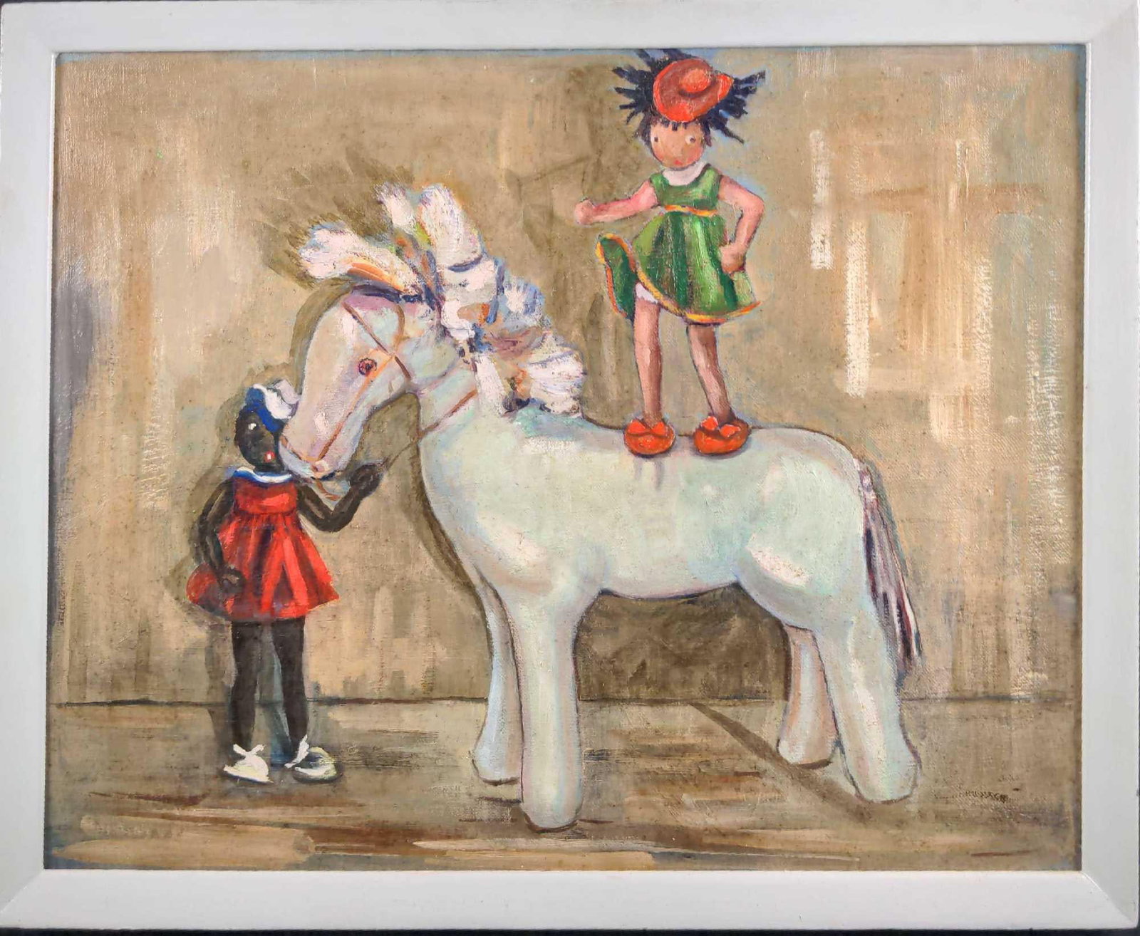 Original Winifred Johnson Clive Oil On Canvas X1: "Untitled" Original Oil On Canvas by Winifred Johnson Clive. Shows two girl dolls along with one big horse doll. Framed original is approx 21 1/2" x 1" x 17". Original canvas is