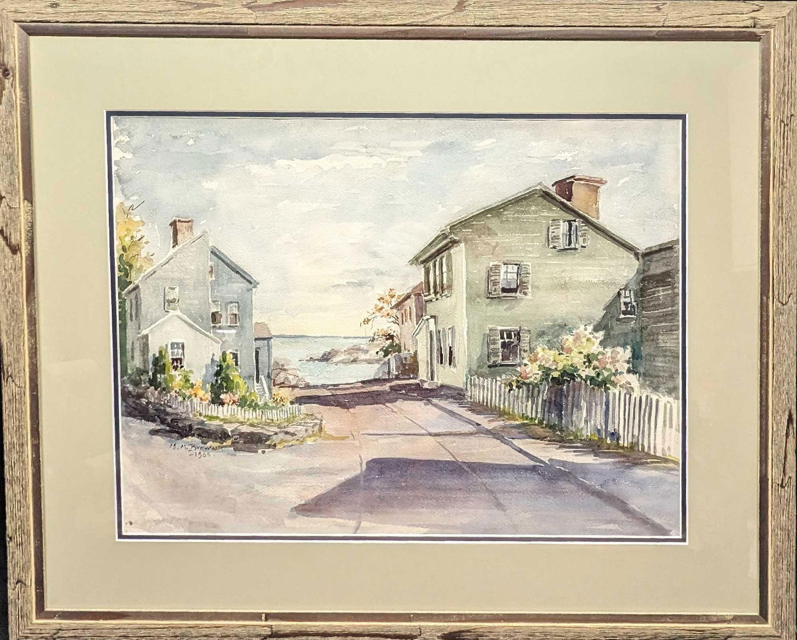Framed M.M. Brown Houses Original Watercolor: Framed M.M. Brown Houses Original Watercolor. The framed original is approx 32 1/2' x 3/4" x 26 5/8" and it weighs 8.50lbs. There is some wear on the frame and there is some buckling on the