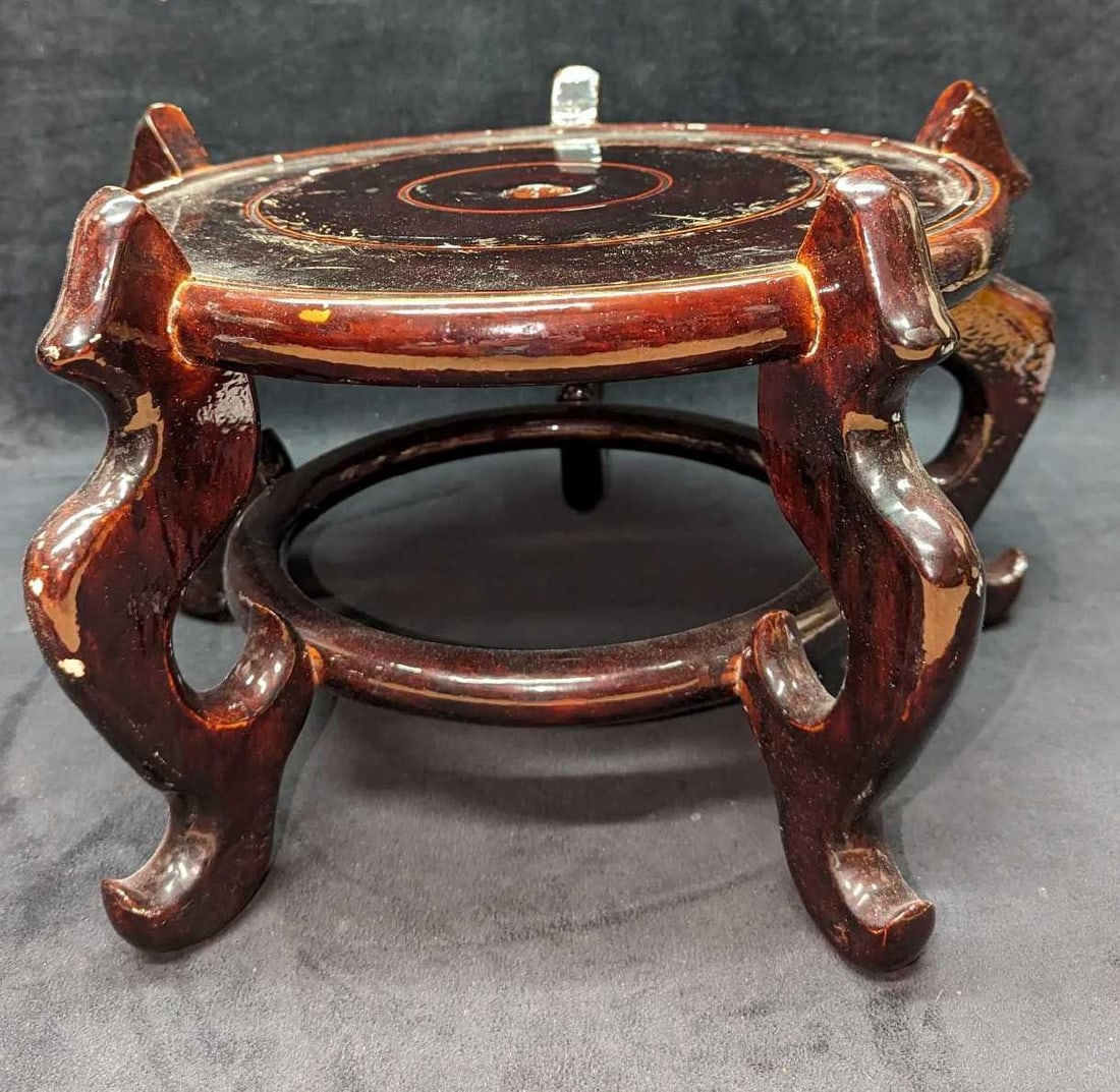 Chinese Wood Base For Vase Or Pot With Lacquered Finish A: Chinese Wood Base For Vase Or Pot With Lacquered Finish A. This is approx 17 1/2" x 17 1/2" x 10" and it weighs 2.70 lbs. Can hold a vase or pot that is approx 12 1/2". It has some chips and