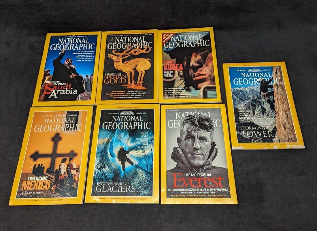 7 1990s 2000s National Geographic Magazines: This lot includes: (1) June 2003 - Unearthing Siberian Gold.(1) April 1996 - Storming The Tower.(1) October 2003 - Kingdom On Edge Saudi Arabia.(1) May 2003 - Life And Death On Everest.(1) August