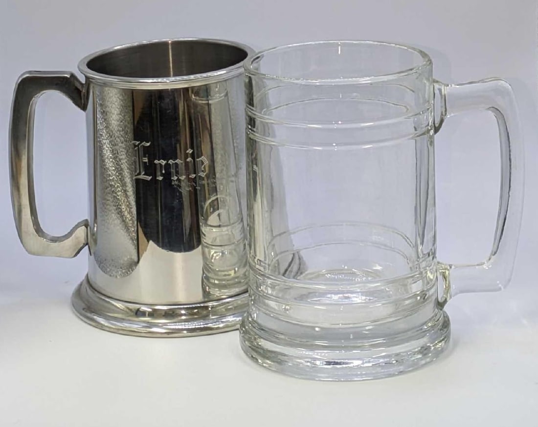 2 Vintage Glass And Pewter Tankards: 2 Vintage Glass And Pewter Tankards. This lot includes: (1) Leonard Eales Of Sheffield English Pewter Tankard. Is marked "Ernie" on one side and has initials on the other. This is approx 4