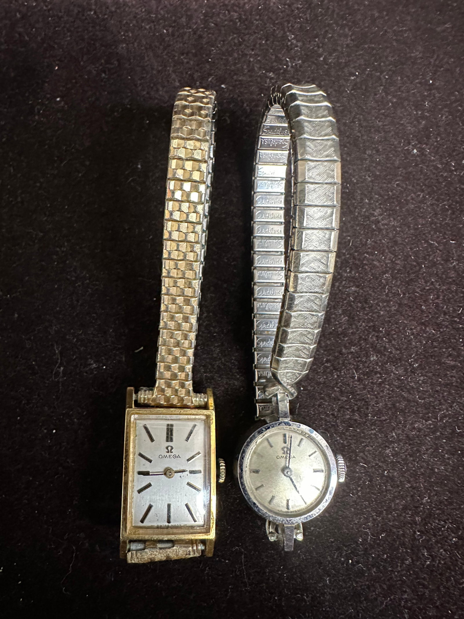 Vintage Omega Ladies Wristwatch Pair Gold-Tone Rectangular and Silver-Tone Round Bezel (1 of 5)