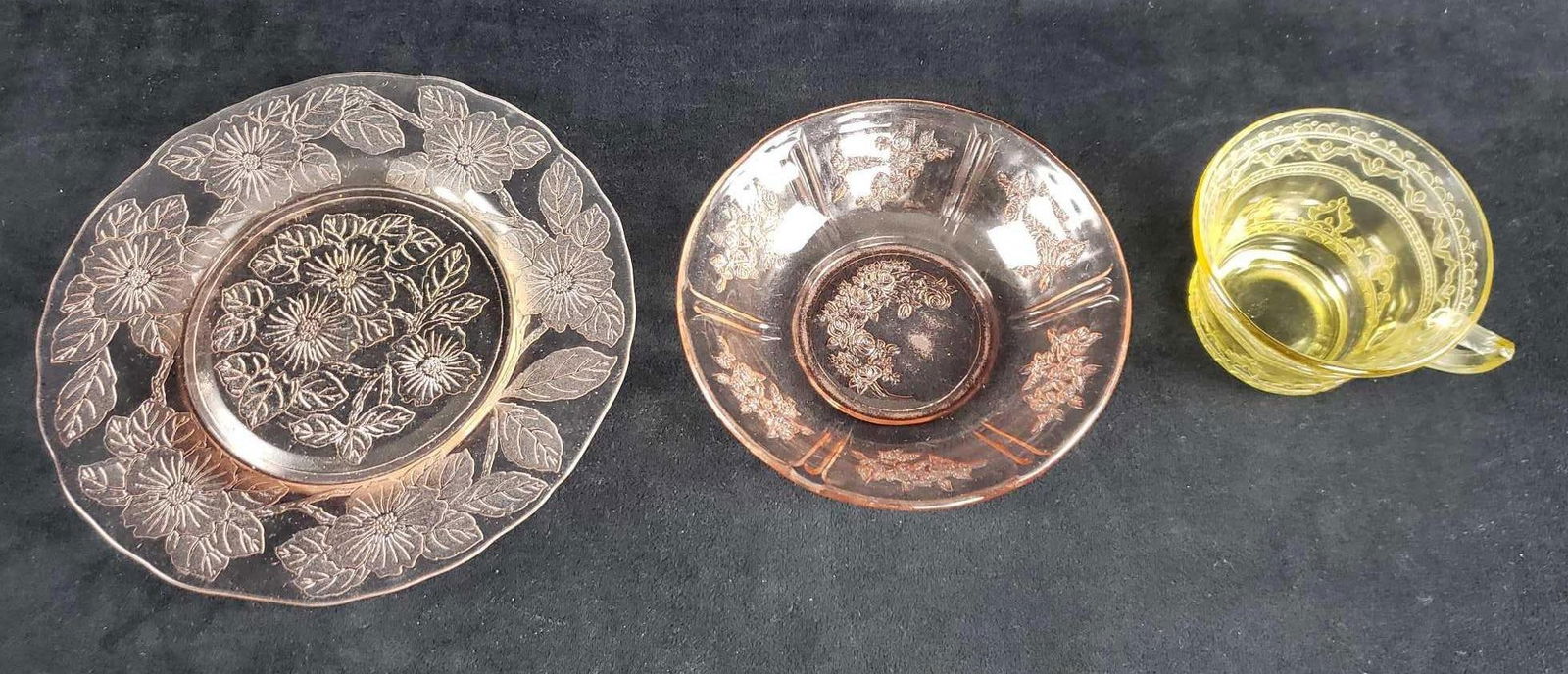 Set of 3 Etched Glass Items: Set of 3 Etched Glass Items. This set is in great used condition. No chips or cracks in the glass. The set contains: 1 yellow glass art nouveau design cup (2.75" H) 1 pink rose design glass