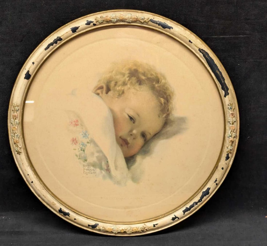 Framed Bessie Pease Gutman On Dreamlands Border Print: Framed Bessie Pease Gutman On Dreamlands Border Print. This is approx 15 5/8" x 3/4" x 15 5/8" and it weighs 2.20lbs. The frame has chips, color loss, and cracks. The print also has some