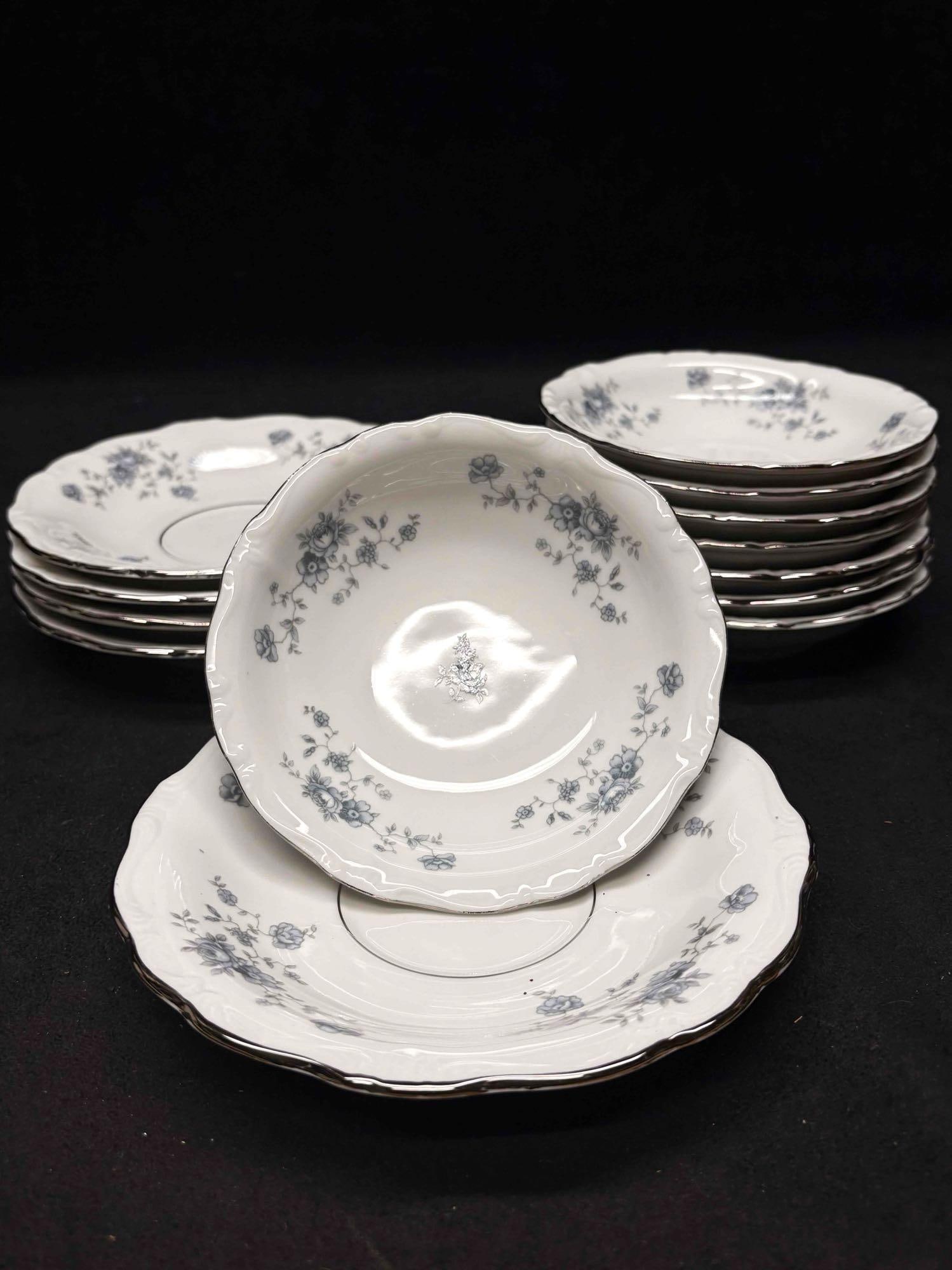 12pc Vintage Johann Haviland Blue Garland Saucers and Sauce Bowl Set: The porcelain Saucer and Sauce Bowl set features small blue Garland patterns that was commonly produced during the mid-1970s to early 1990s in Bavaria, Germany. The set is in good conditions with no