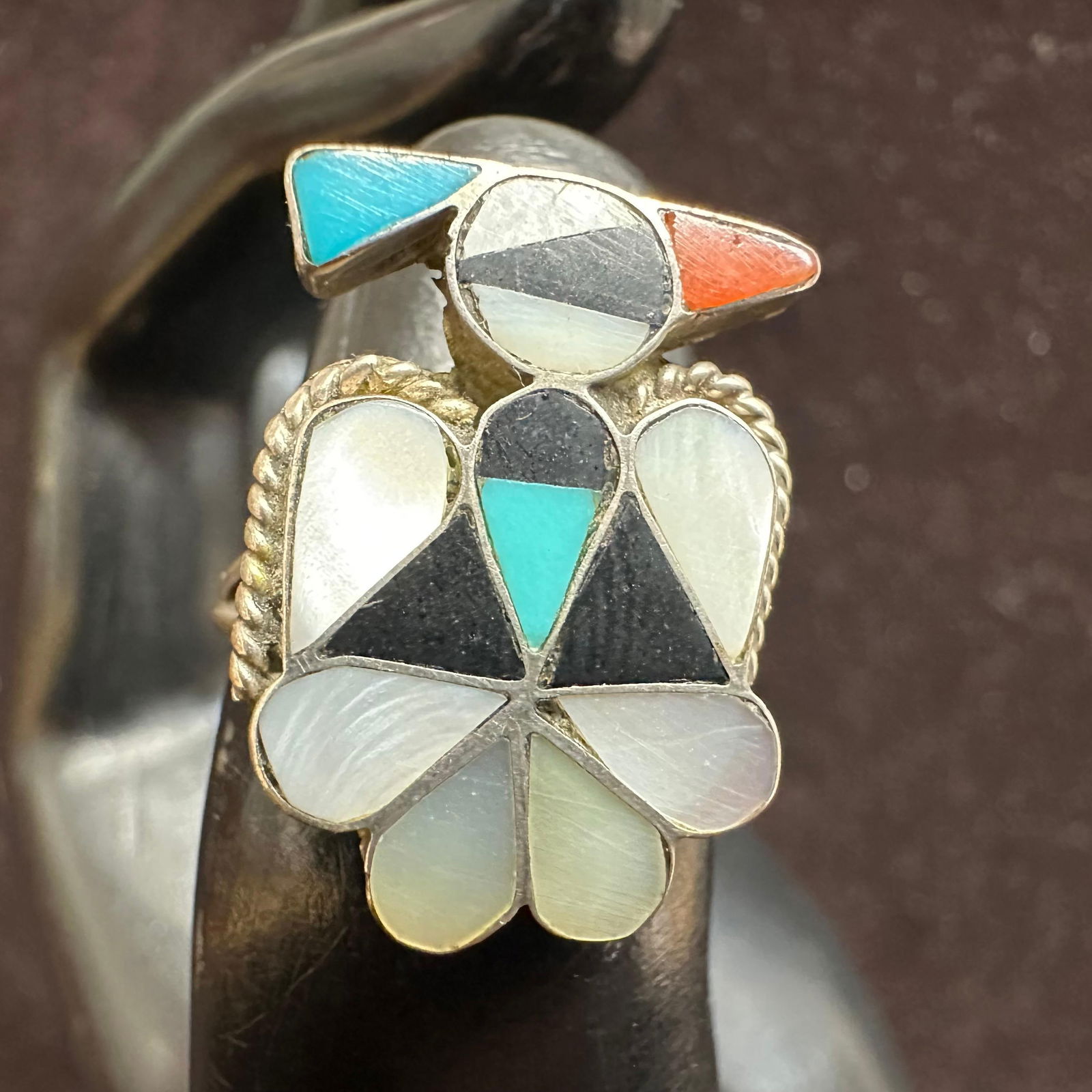 Zuni Native Style MOP Coral Turquoise Onyx Inlay Thunderbird Silver Ring: This item is in good pre-owned, previously used/displayed condition with noticeable light wear and surface scratches. Please reference all photos for full details. This piece of jewelry has been teste