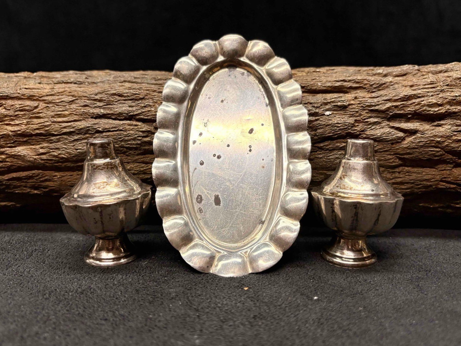 3pc 1970s Mexican 925 Sterling Silver Salt Shakers and Trays (1 of 8)