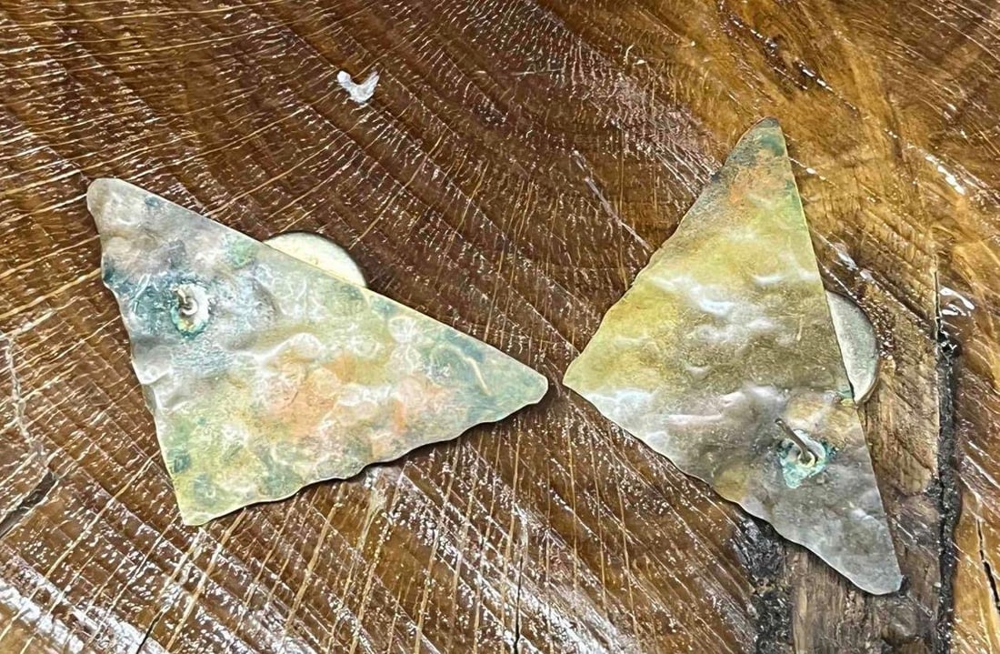 Gold Tone Triangle Earrings with Malachite Stone - 2