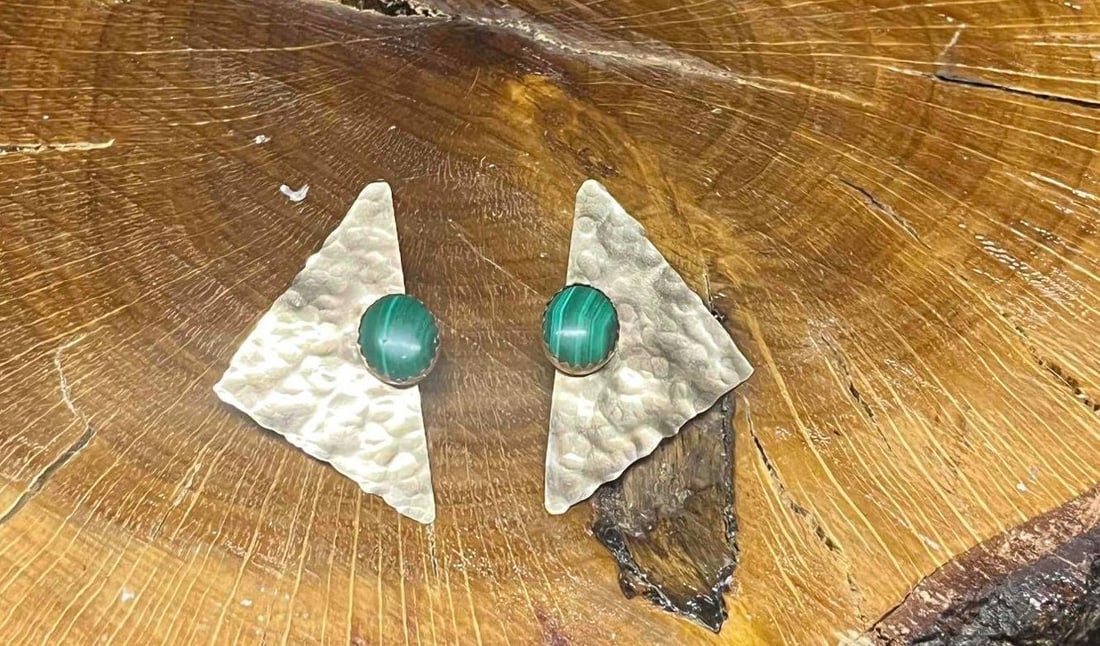 Gold Tone Triangle Earrings with Malachite Stone - 3