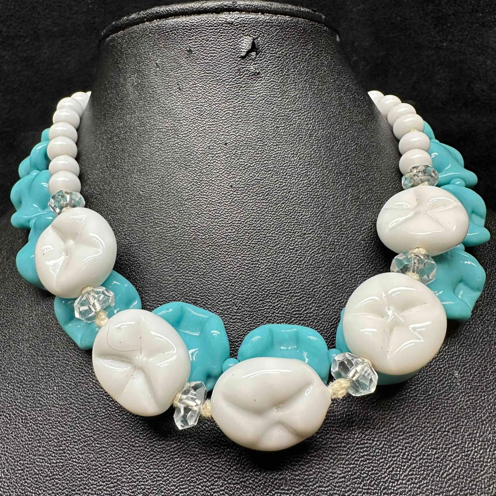Chunky Beaded Statement Necklace Set Turquoise and White - 2