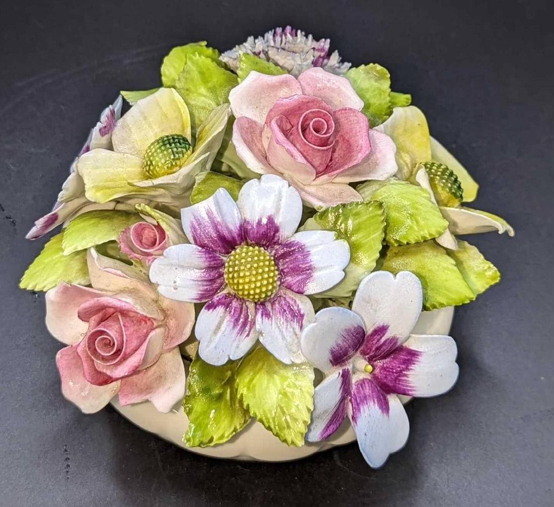 Vintage Bone China Royal Adderley Flowers & Pot: Vintage Bone China Royal Adderley Flowers & Pot. This is approximately 4" x 4" x 3" and it weighs 1.08lb. There are some chips/missing petals and there is a crack on the bottom base.