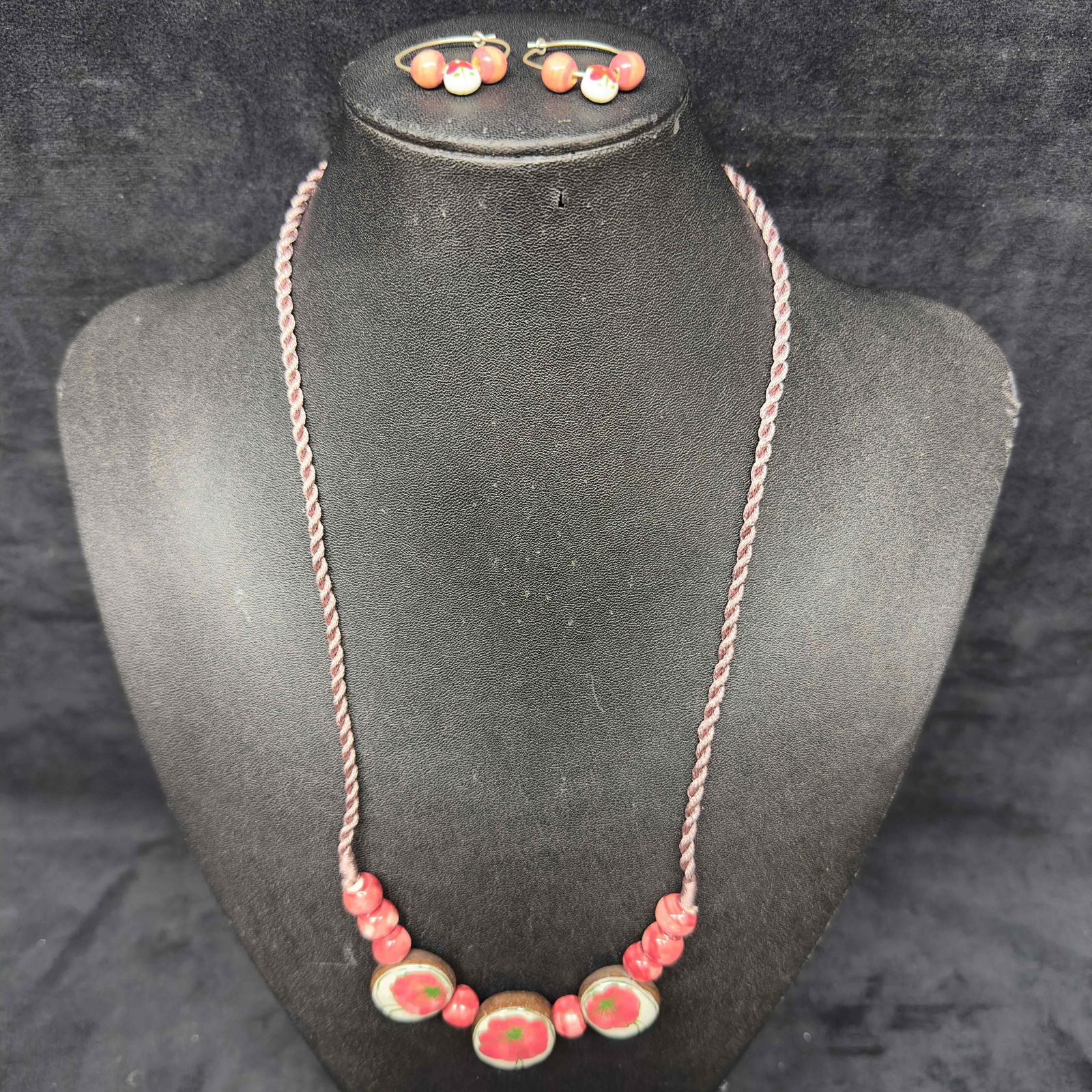 Porcelain Pink Flower Hand Painted Beaded Necklace and Bead Earrings Set Signed B (1 of 12)