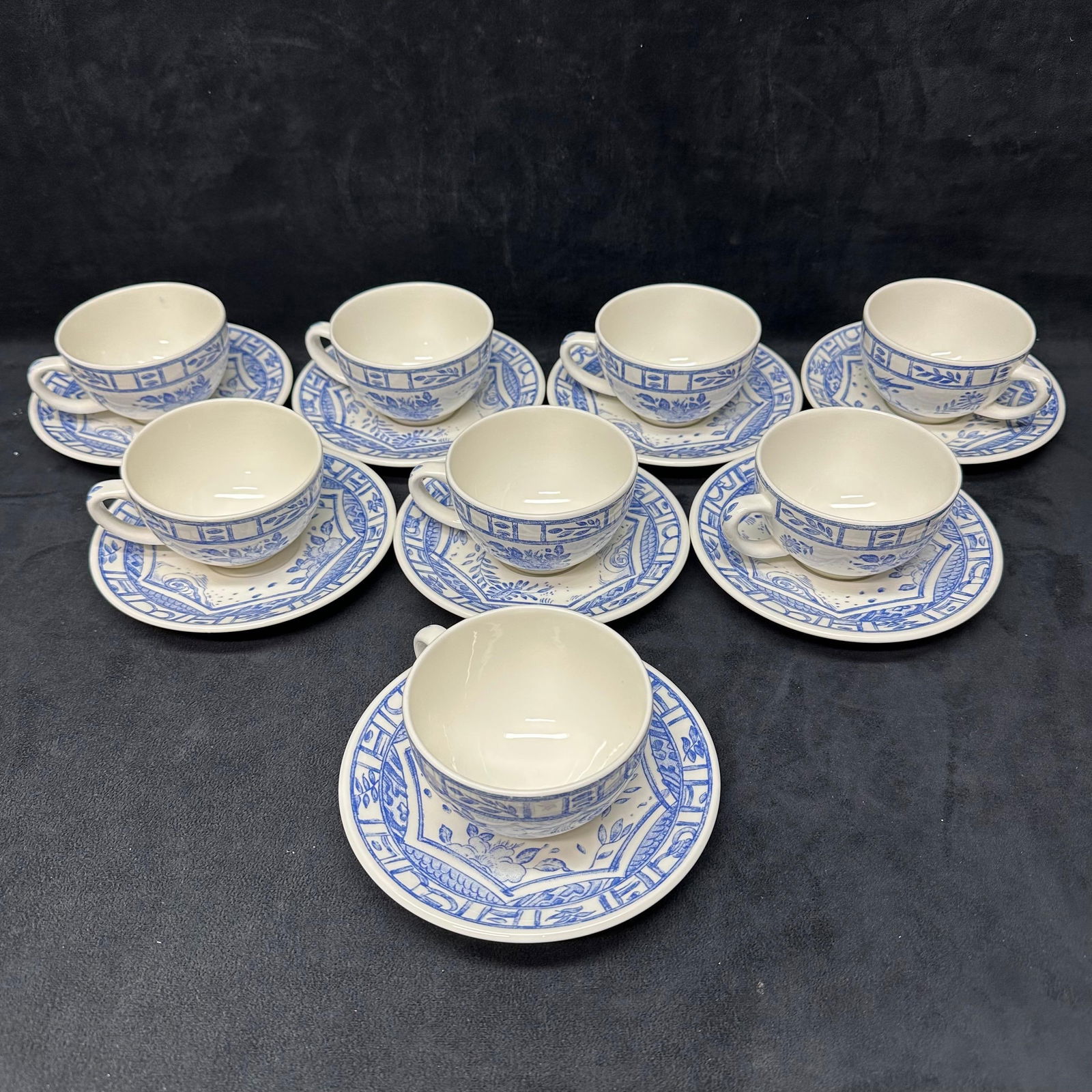 Gien France Blue and White Oiseau Bleu Porcelain Tea Cups and Saucers Set of Eight (1 of 5)