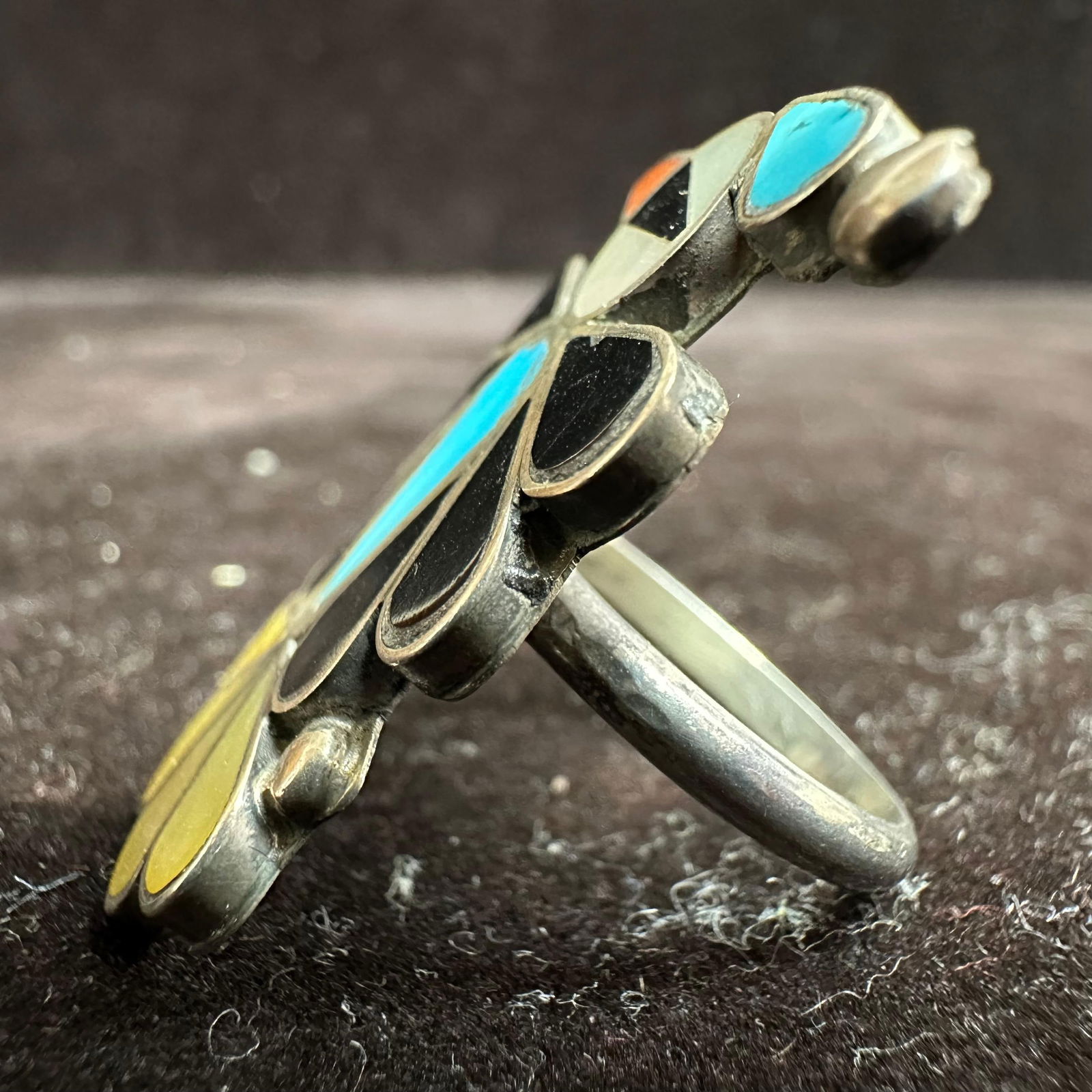 Multi Stone Inlay Zuni Thunderbird Style Silver Ring Unsigned - 4