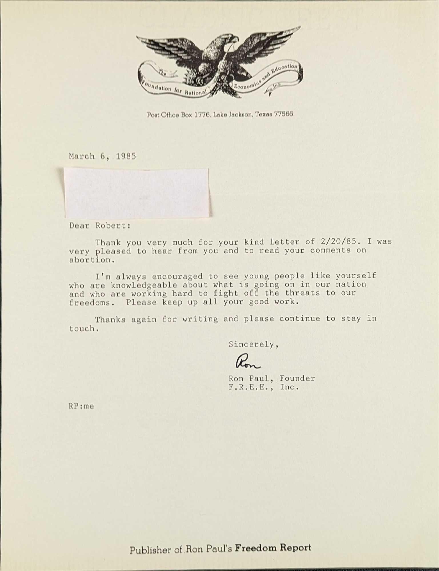 Signed Ron Paul Freedom Report Letter (1 of 3)