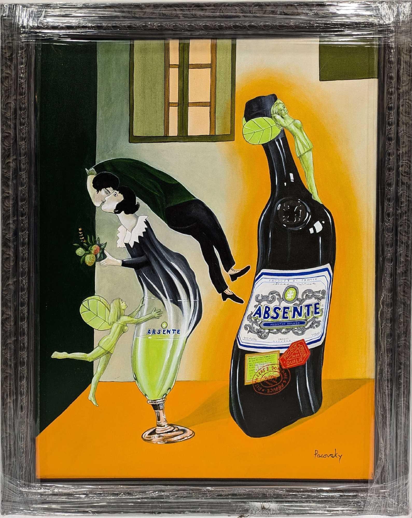 Pacovsky Acrylic On Canvas Absente Absinthe Marc Chagall: Pacovsky Acrylic On Canvas Absente Absinthe Marc Chagall. This was inspired by Marc Chagall's artwork. The framed original that was Commissioned by Absente brand absinthe, is approx 33