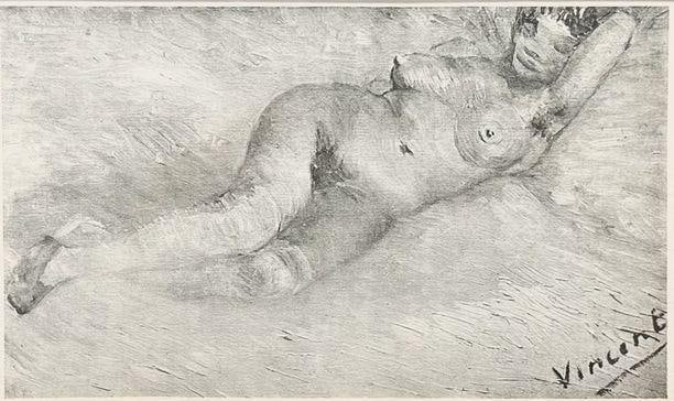 Early 20th C. Van Gogh Nude Copper Plate Print: Early 20th C. Van Gogh Nude Copper Plate Print Framed print of Van Gogh's Reclining Nude done on copper plate circa the 1910s or early 1920s. The image measures approximately 7.5" x
