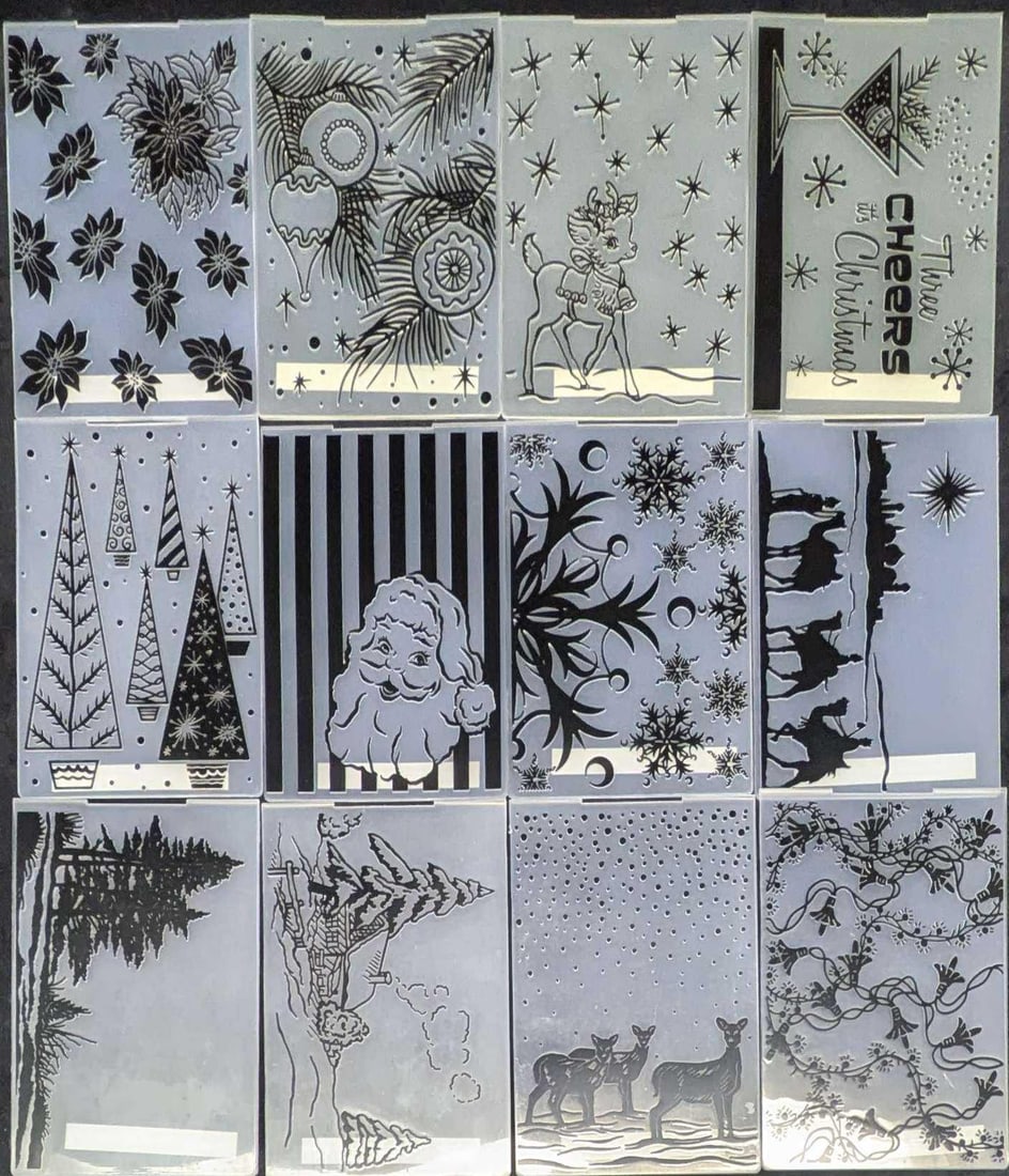 12 Different Christmas Themed Sheena Embossing Folders: 12 Different Christmas Themed Sheena Embossing Folders. Each is 7" x 5" and the total weight is 0.70lb. An embossing folder is a plastic folder with a raised design that can be used to
