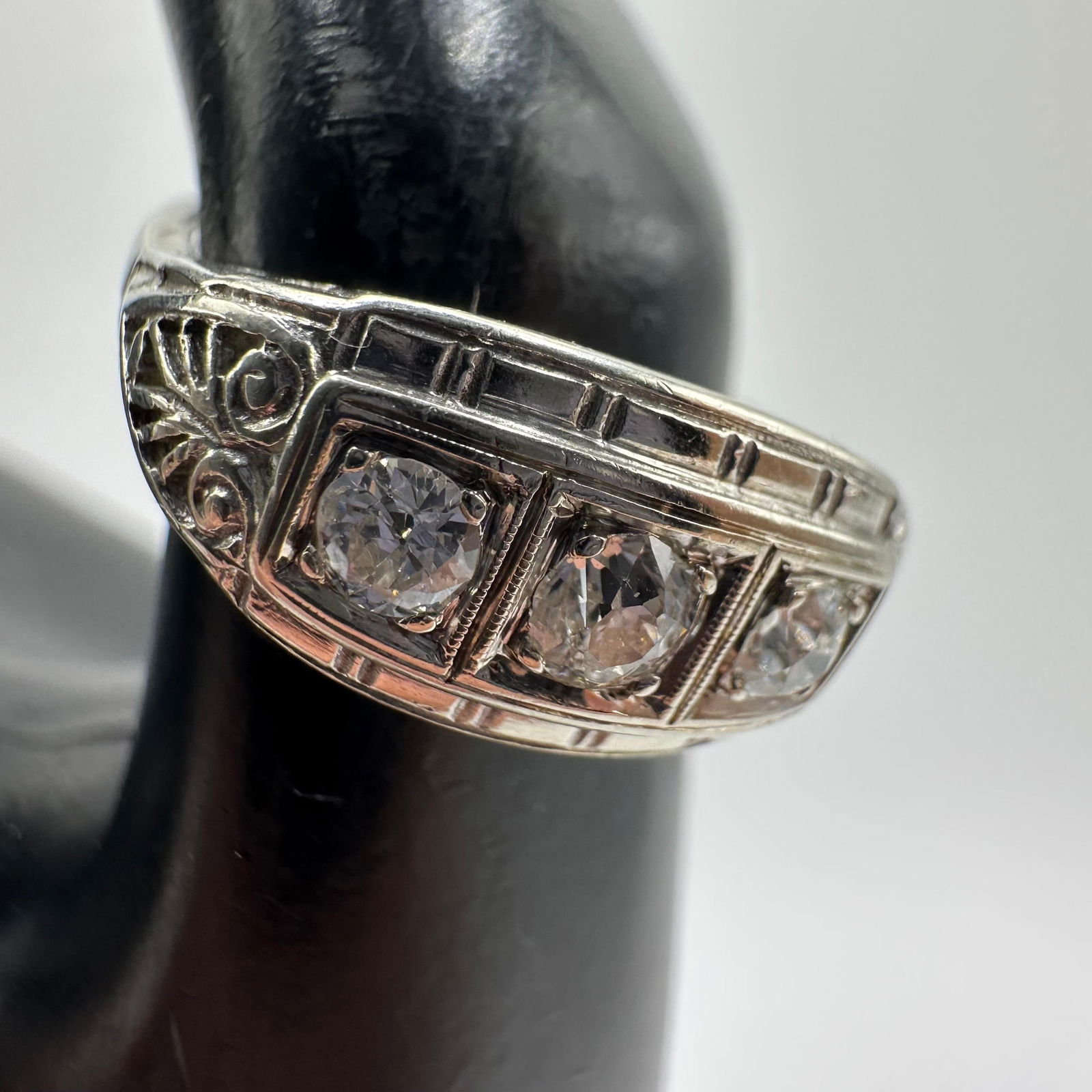 14K White Gold Art Nouveau Style Three Diamond Ring: This item is in good pre-owned, previously used/displayed condition with noticeable light wear and surface scratches. Please reference all photos for full details. This piece of jewelry has been