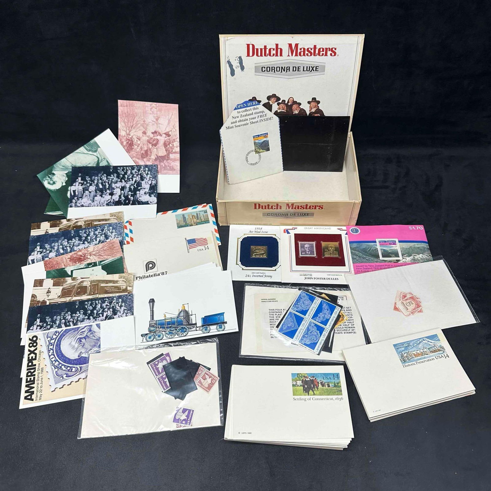 Stamps Collection 22KT Gold Replica Stamp Set Post Cards: The US American stamps are able to be used for Mailing but some pre canceled. Collectors stamp collection with various themes. Includes some USPS commemorative themed post cards. Set of US Postage