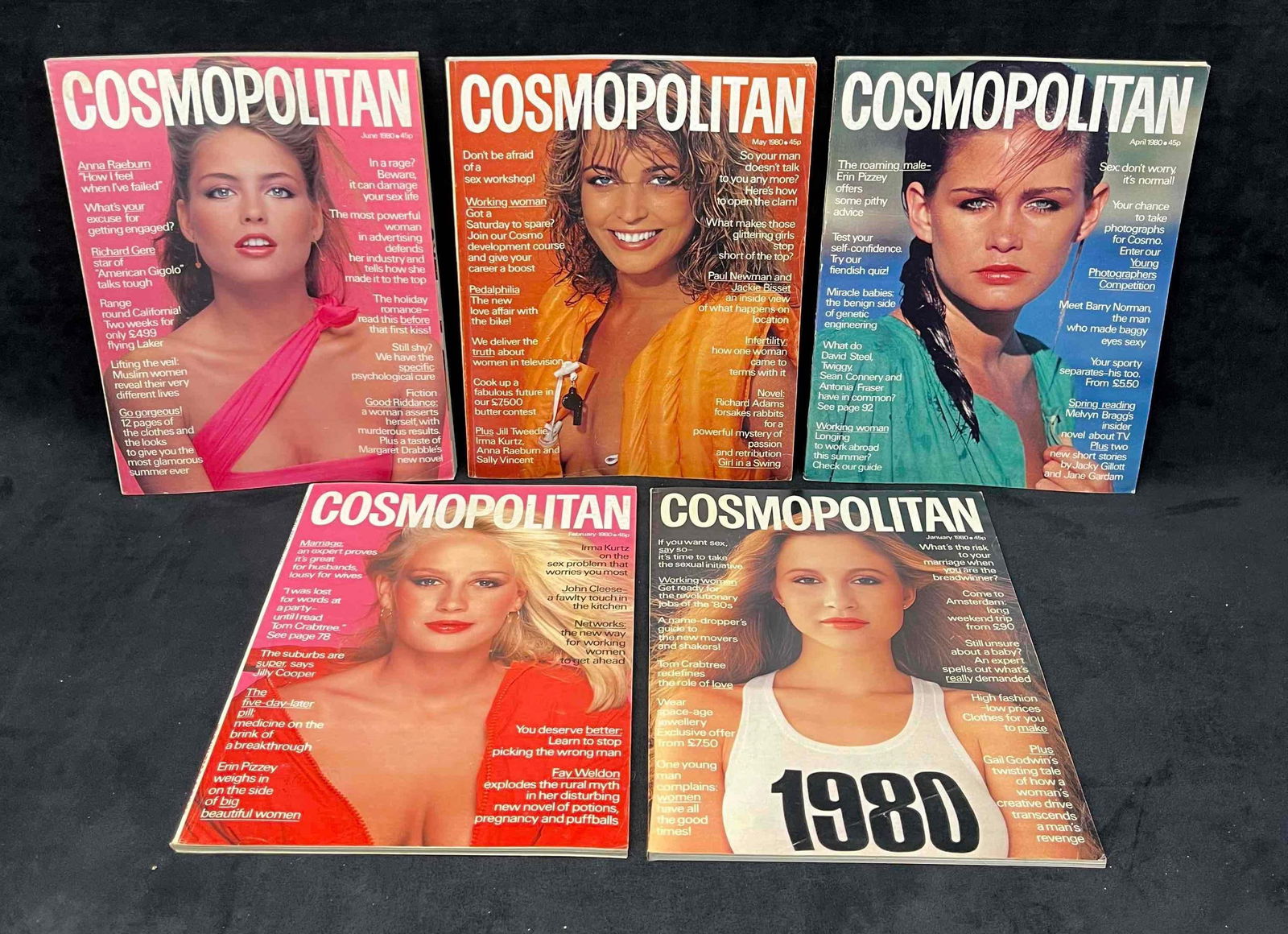 Five Vintage Cosmopolitan Magazines From 1980 (1): This lot contains Five Vintage Cosmopolitan Magazines From 1980 (1). Each magazine is approx 11" x 8 1/2". Total weight is 4.4lbs. Overall the vintage magazines are in good used condition with some