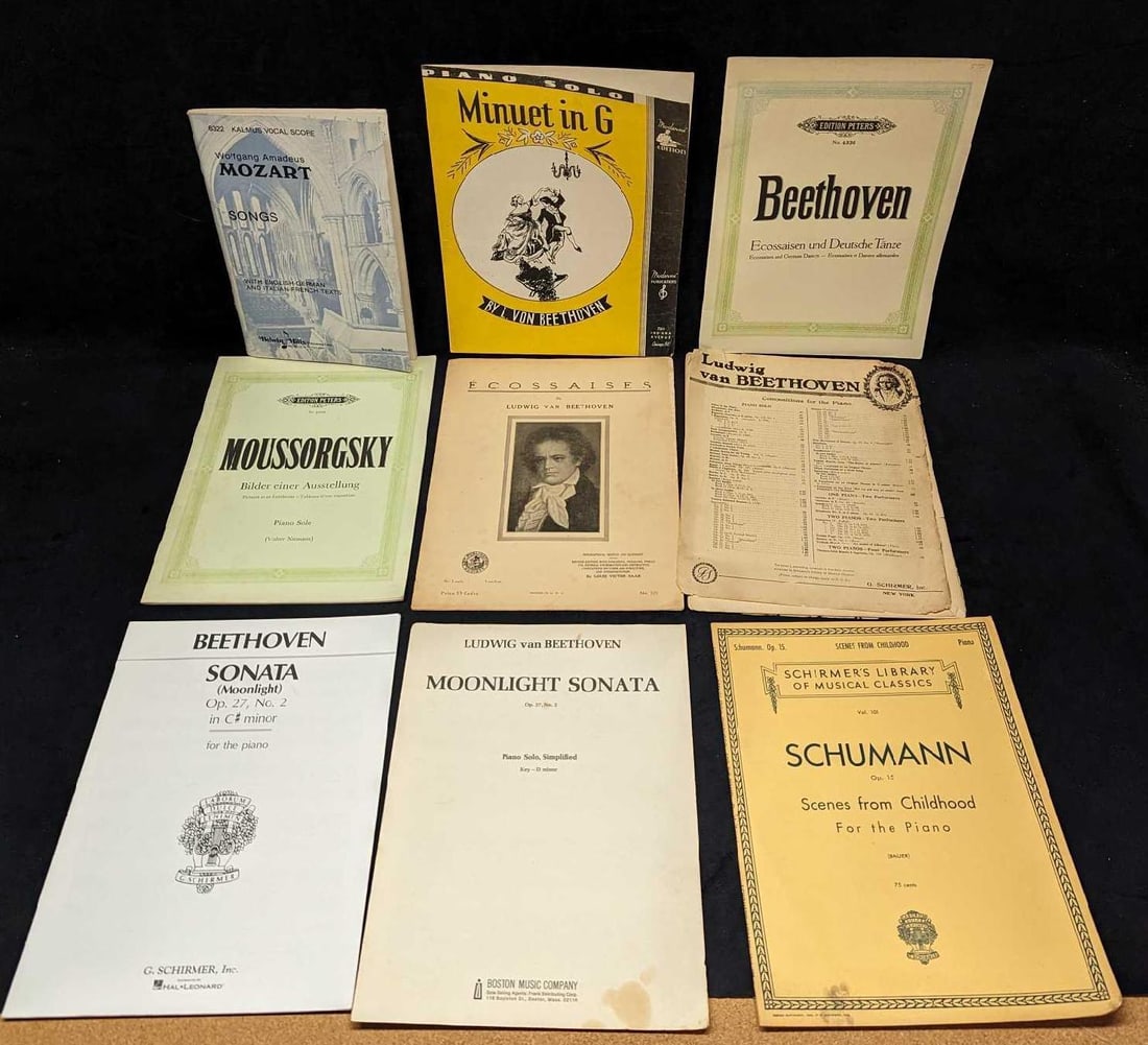 9 Classical Beethoven Mozart Schumann Moussorgsky Sheet Music: 9 Classical Beethoven Mozart Schumann Moussorgsky Sheet Music. This lot includes: (1) Beethoven - Sonata (Moonlight) Op. 27, No 2. In C# Minor. (1) Beethoven - Ecossaisen und Deutsdhe Tanze. <