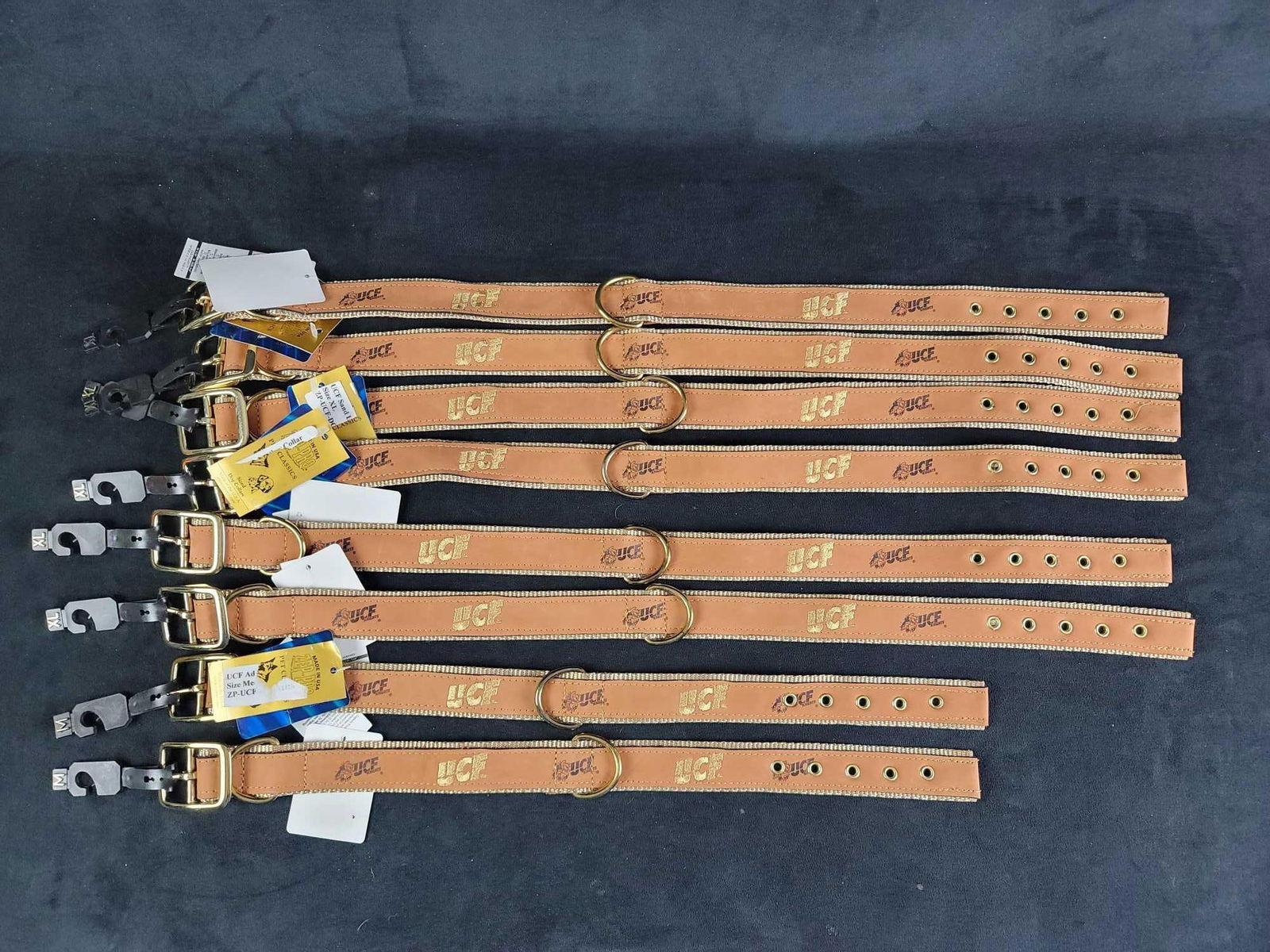 UCF College Football Logo Dog Collars D: Lot contains 8 UCF logo dog collars. Collars are nylon and leather with a tan and gold colors. Riveted holes for a lasting hold. Made in the USA by Zep Pro. 2 of them are size M and 6 are size XL. The