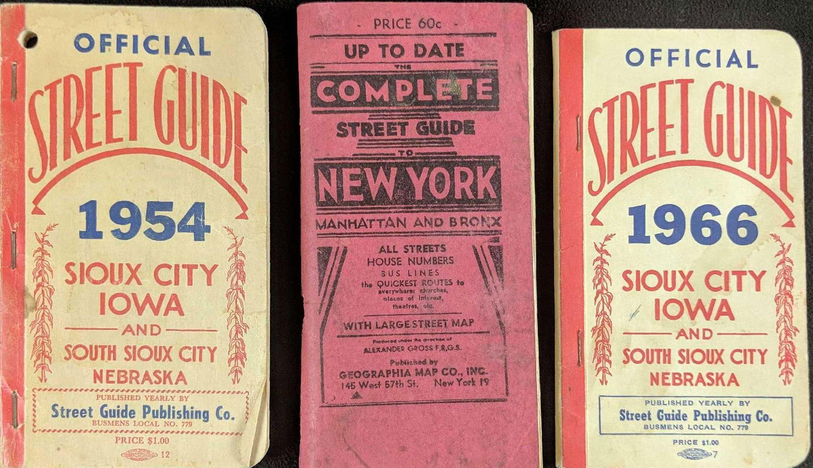 Vintage Offical Street Guides Iowa New York: This lot includes: (1) The Official Street Guide: Sioux City Iowa - 1954. By Street Guide Publishing Co. (1) The Official Street Guide: Sioux City Iowa - 1966. By Street Guide Publishing Co. (1)