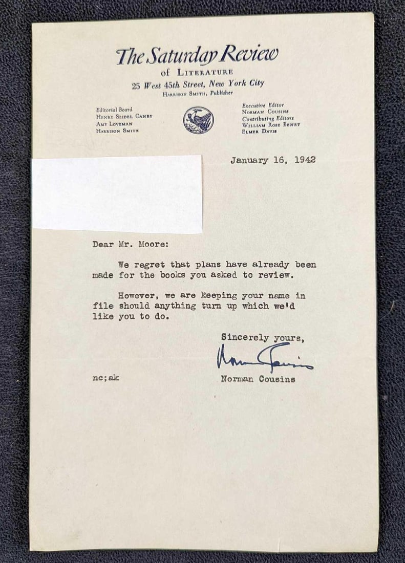 Signed Norman Cousins Saturday Review Letter (1 of 3)