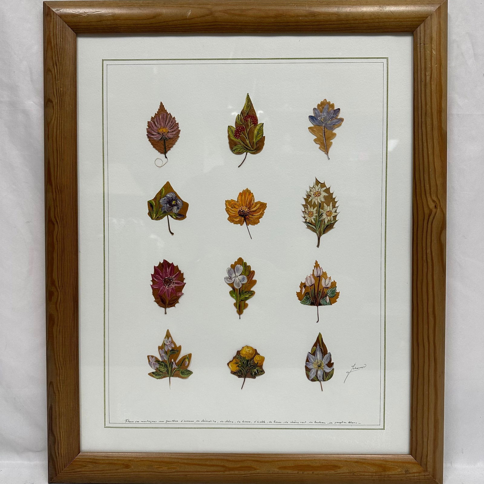 Framed Mixed Media Botanical Artwork by Johanne Olivain Painted Flowers on Natural Leaves (1 of 7)