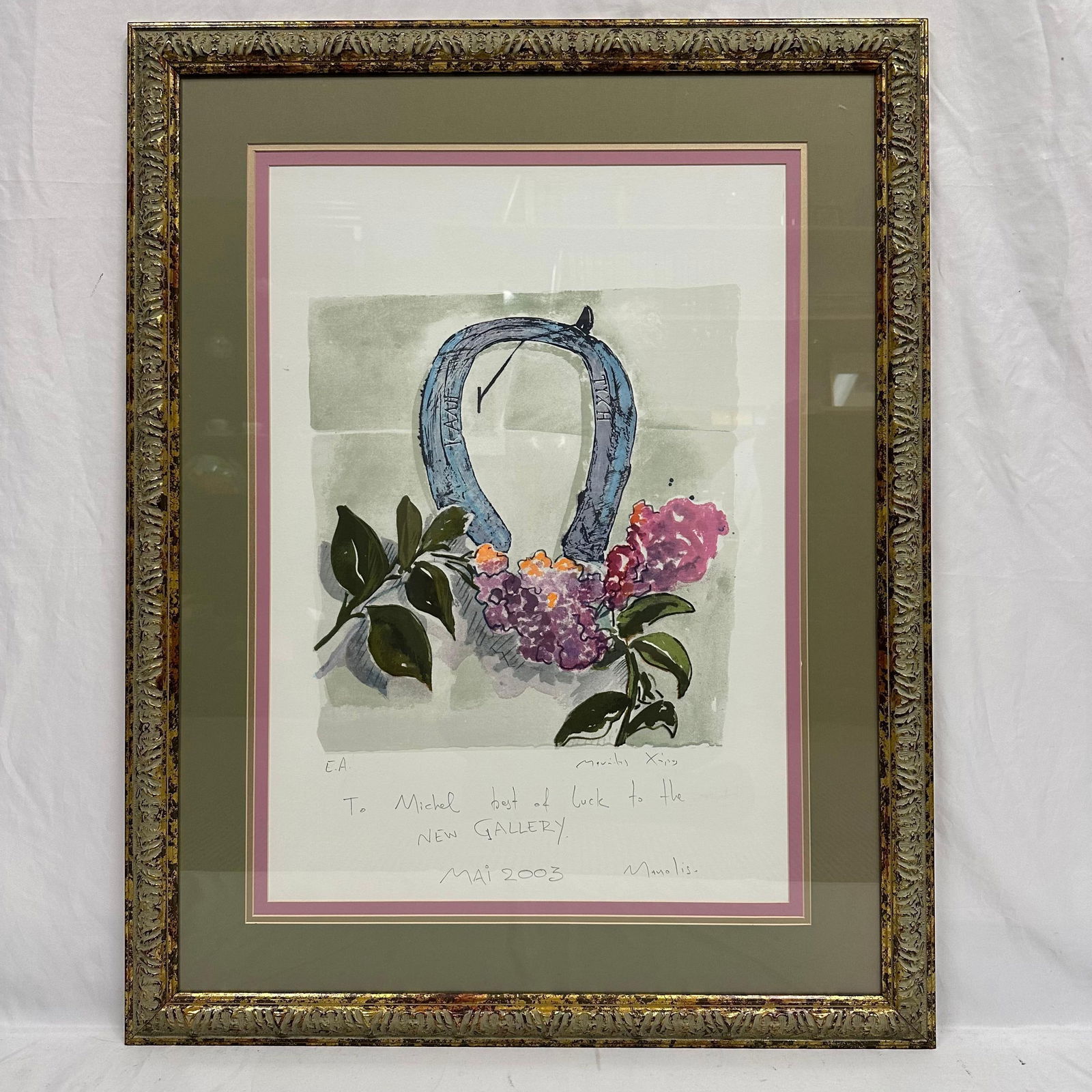 Framed Watercolor Lithograph Art Print by Manolis Horseshoe and Lilacs Signed Personal Inscription (1 of 6)