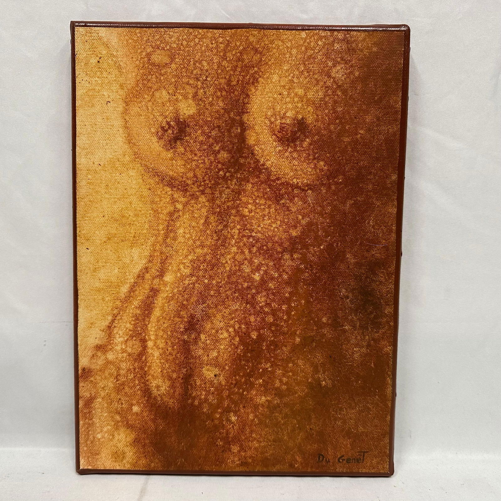 Gilles Du Genet Abstract Nude Woman's Body Oil with Ochre on Canvas: A figurative composition by Gilles Du Genet, rendered in rich ochre tones. The image presents an abstracted female torso formed through layered organic shapes and tonal variations, creating both